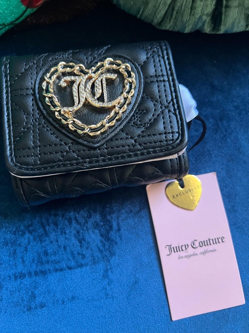 Juicy Couture Wallet Black Quilted Heart Logo NWT Exclusive Gold Accent